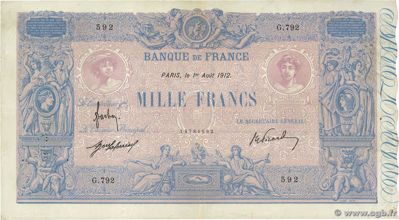 1000 Francs BLEU ET ROSE FRANCE  1912 F.36.26 F+