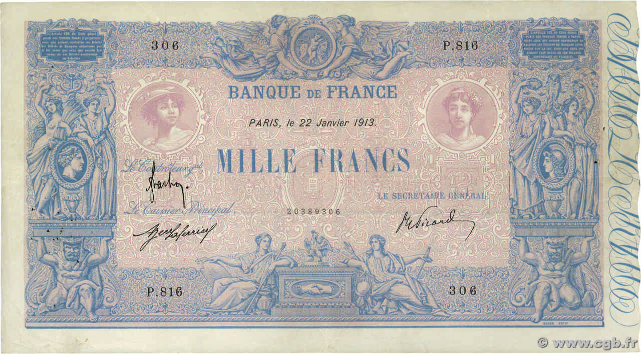 1000 Francs BLEU ET ROSE FRANCIA  1913 F.36.27 q.BB