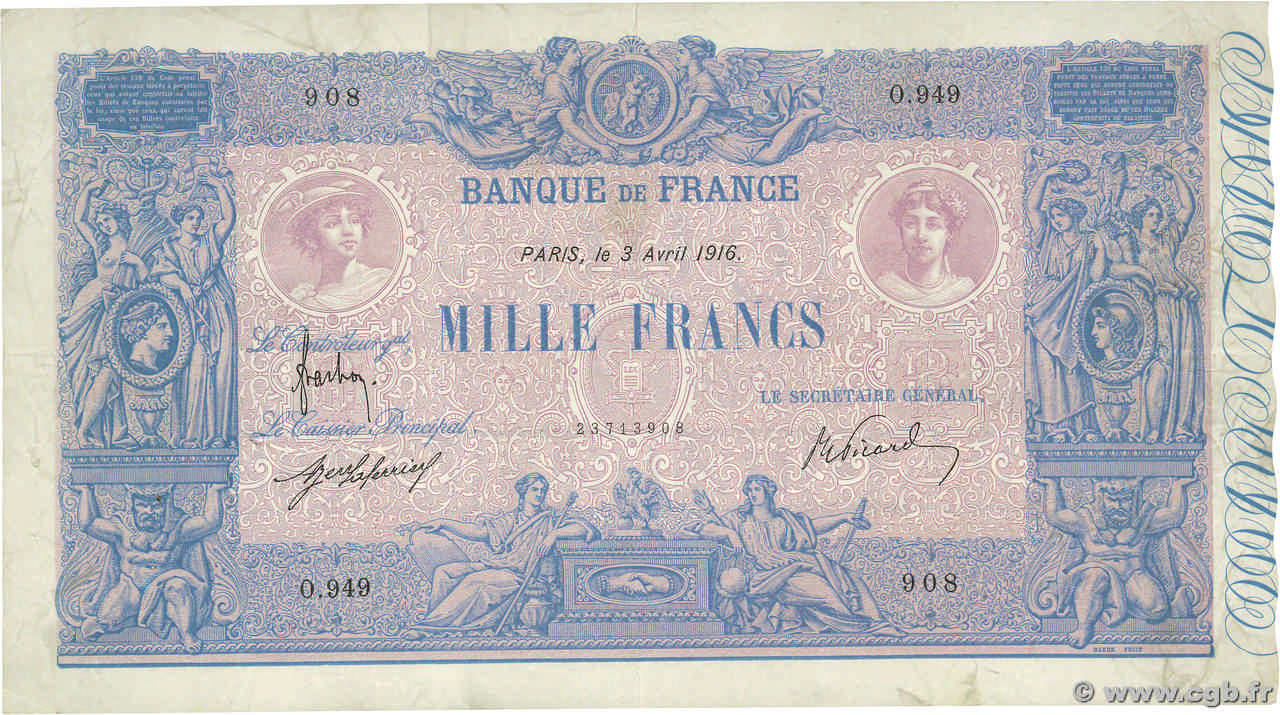 1000 Francs BLEU ET ROSE FRANCE  1916 F.36.30 VF-
