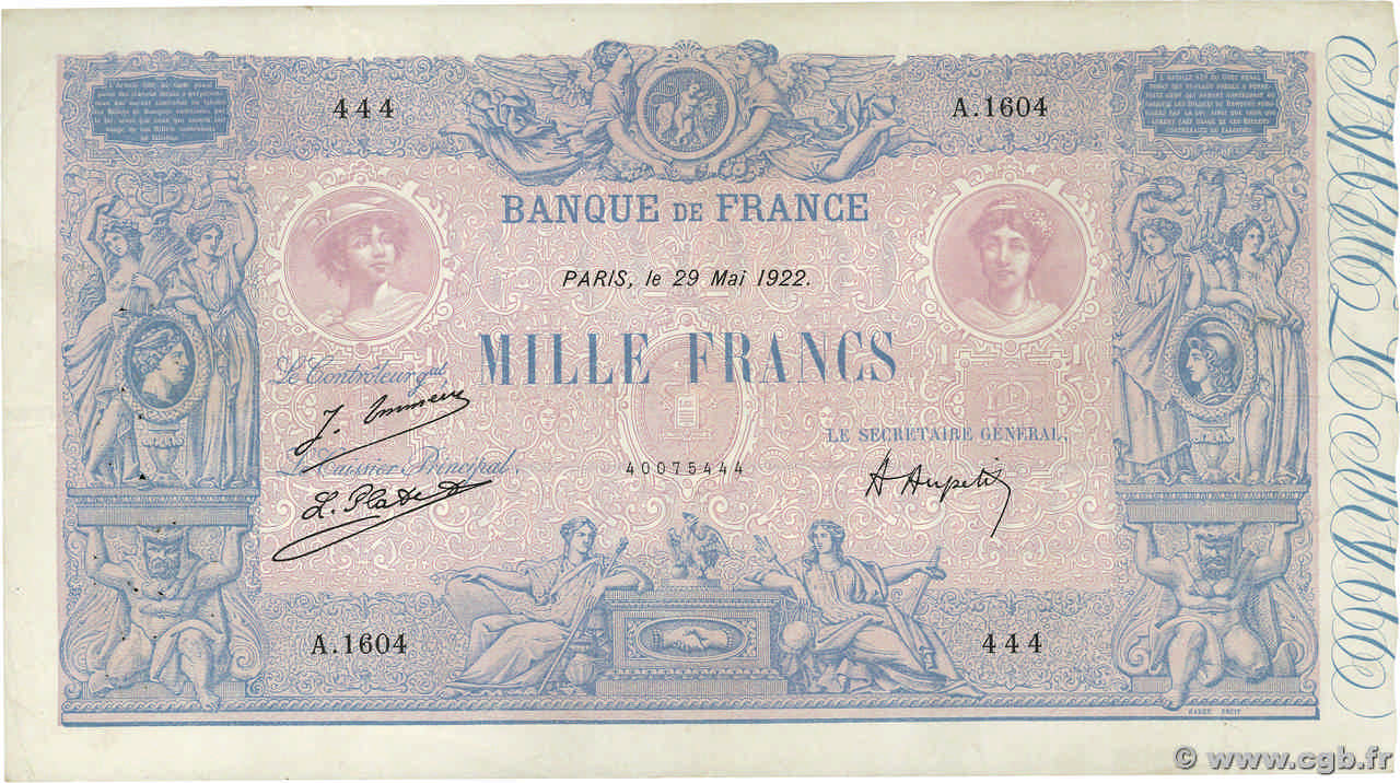 1000 Francs BLEU ET ROSE Numéro spécial FRANCE  1922 F.36.38 VF-
