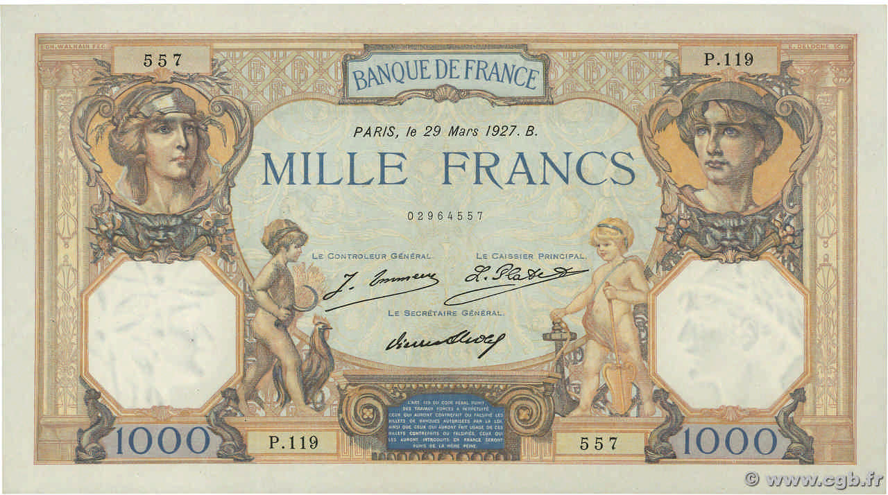 1000 Francs CÉRÈS ET MERCURE FRANCE  1927 F.37.01 pr.SPL