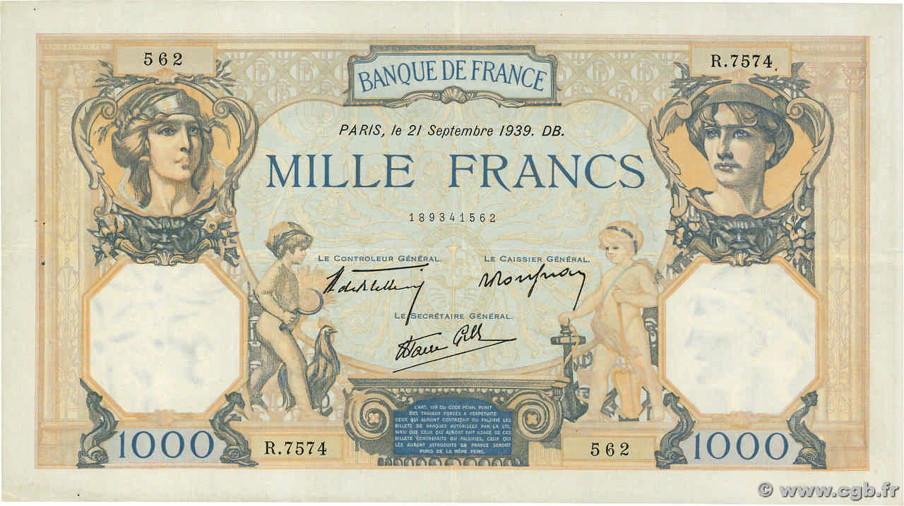1000 Francs CÉRÈS ET MERCURE type modifié FRANCE  1939 F.38.37 VF+