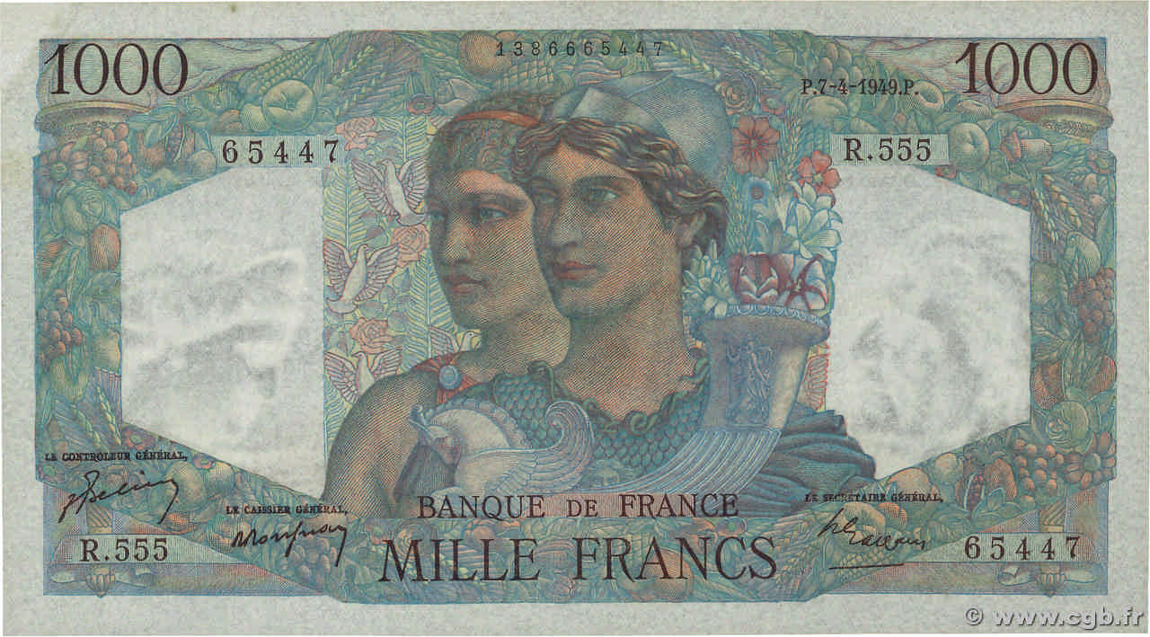 1000 Francs MINERVE ET HERCULE FRANCE  1949 F.41.26 UNC-