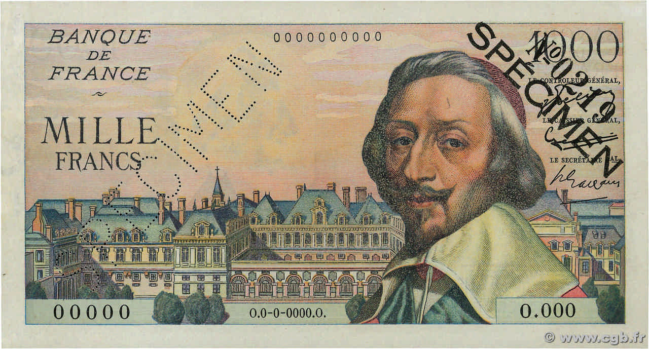 1000 Francs RICHELIEU Spécimen FRANCE  1953 F.42.01Spn AU