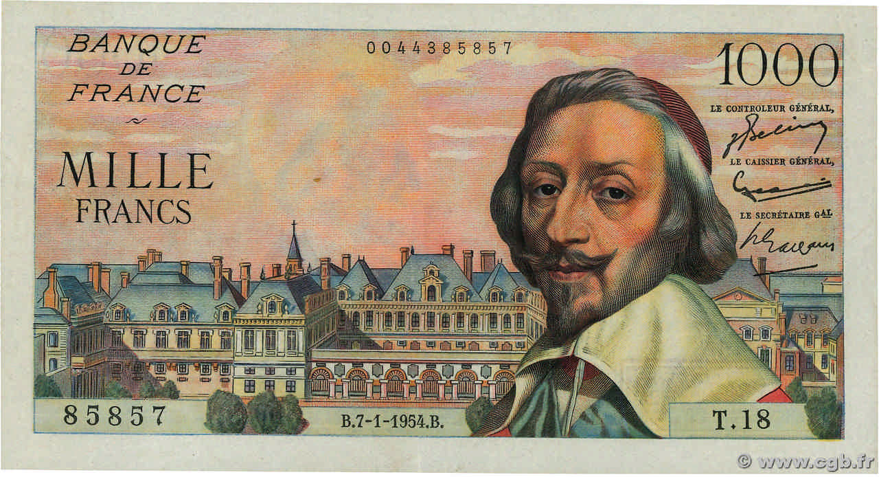 1000 Francs RICHELIEU FRANCE  1954 F.42.04 XF+