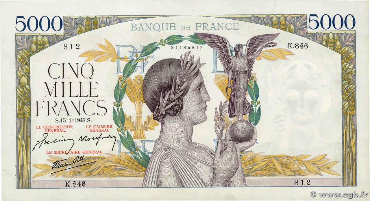 5000 Francs VICTOIRE Impression à plat FRANCE  1942 F.46.33 XF+