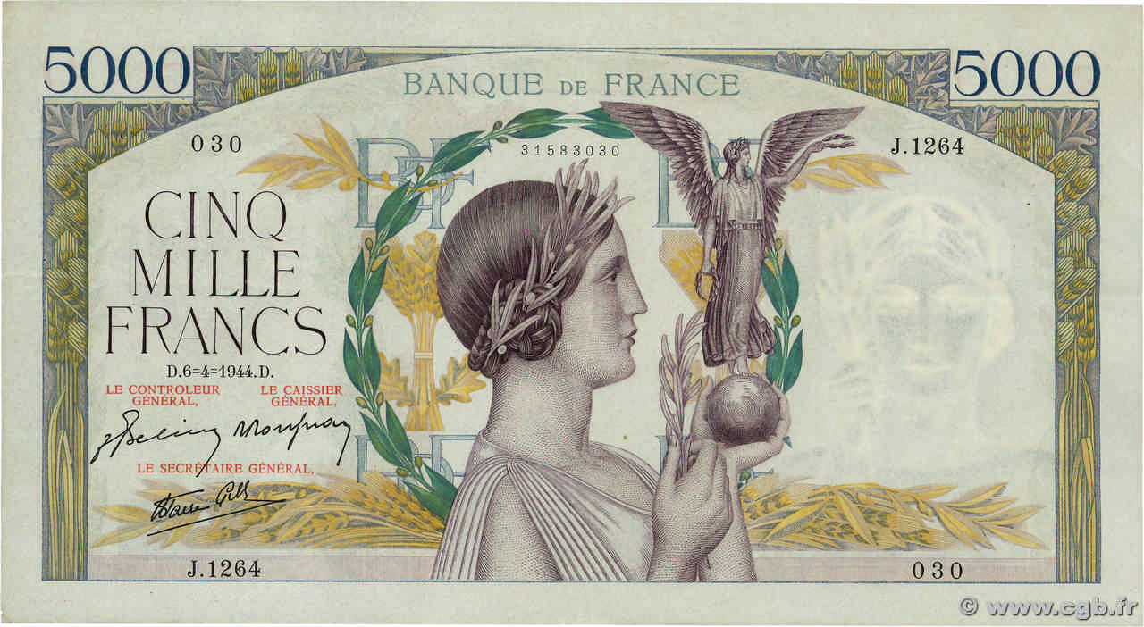 5000 Francs VICTOIRE Impression à plat FRANCE  1944 F.46.51 TTB+