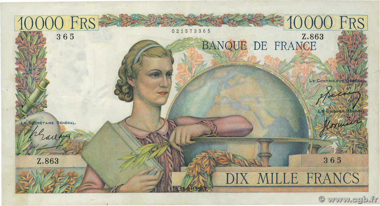 10000 Francs GÉNIE FRANÇAIS FRANCE  1950 F.50.36 VF-