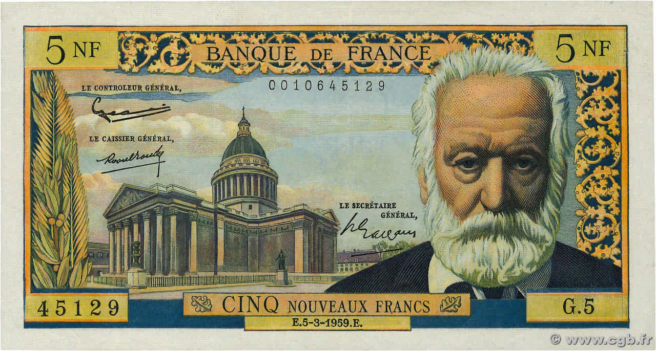 5 Nouveaux Francs VICTOR HUGO FRANCIA  1959 F.56.01 MBC+