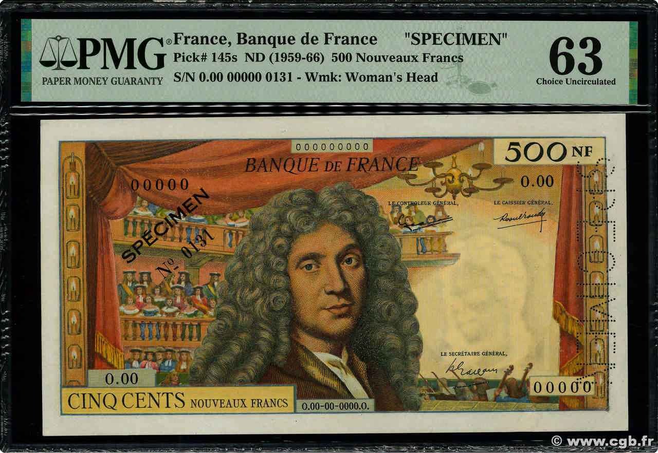 500 Nouveaux Francs MOLIÈRE Spécimen FRANCE  1959 F.60.01Spn UNC-