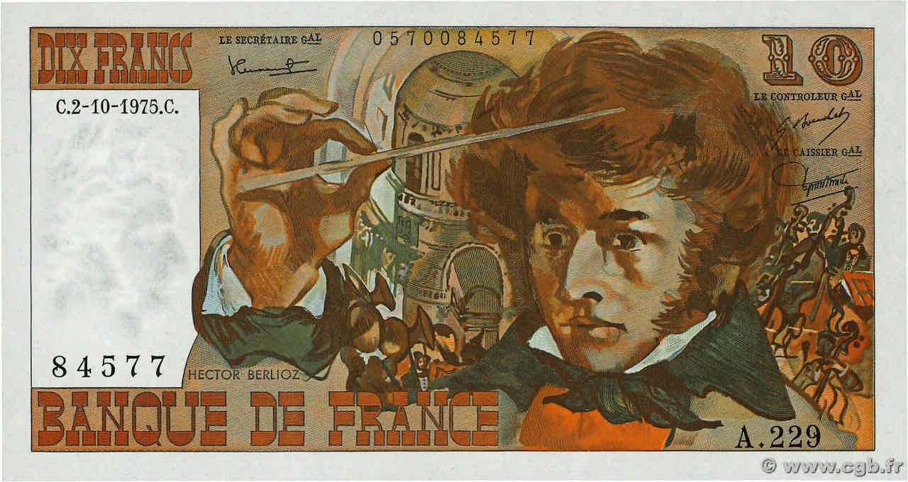 10 Francs BERLIOZ FRANCE  1975 F.63.13 XF+