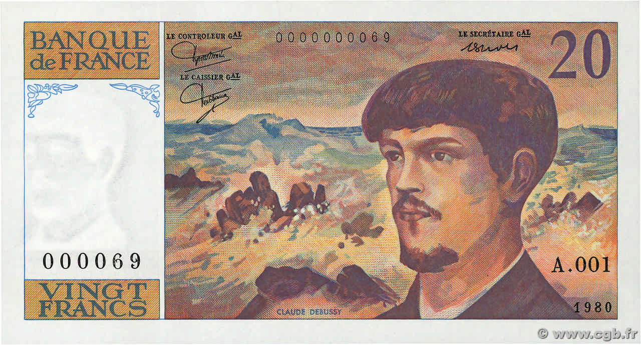 20 Francs DEBUSSY Petit numéro FRANCIA  1980 F.66.01A1 AU