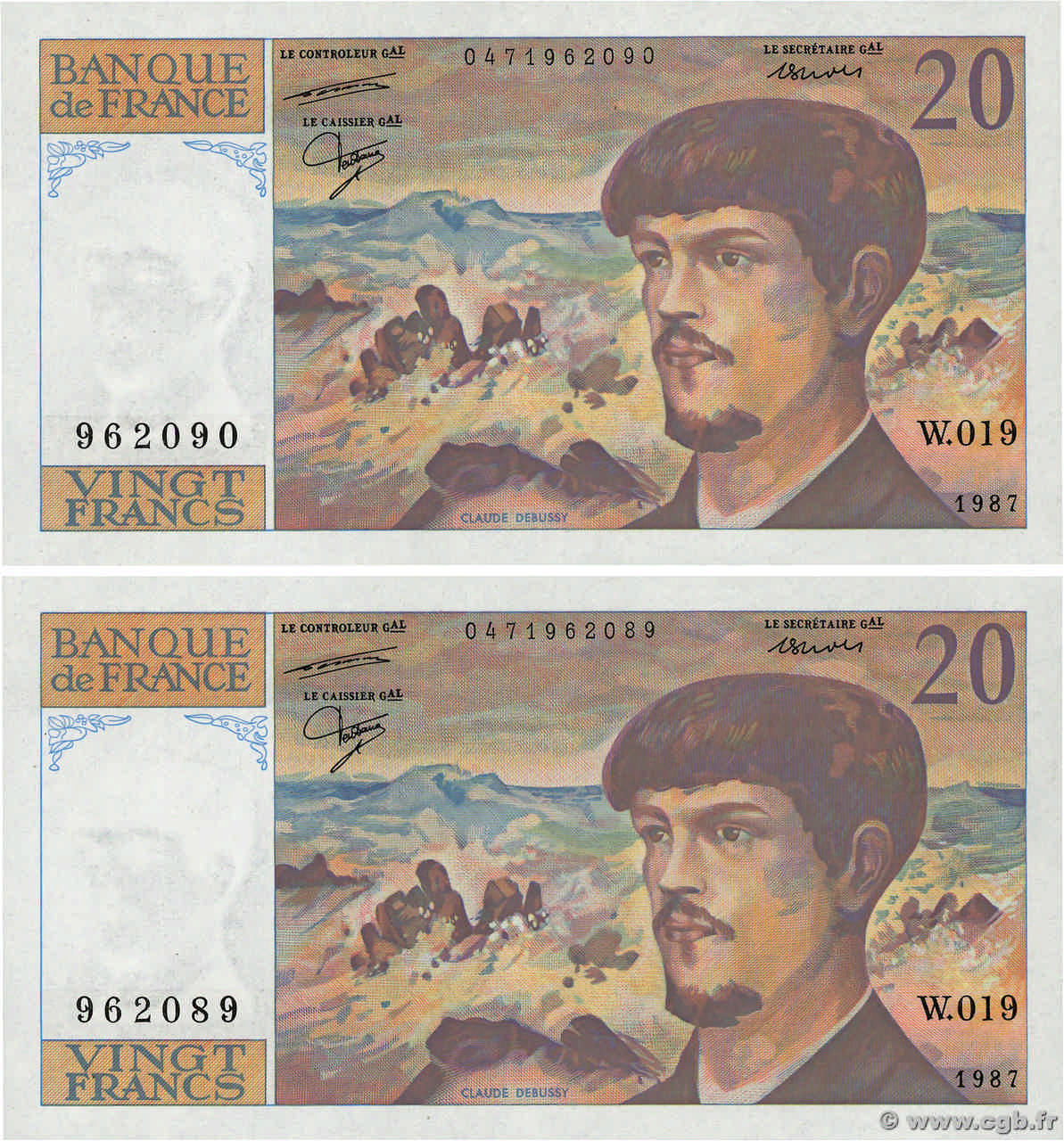 20 Francs DEBUSSY Consécutifs FRANCIA  1987 F.66.08W19 FDC