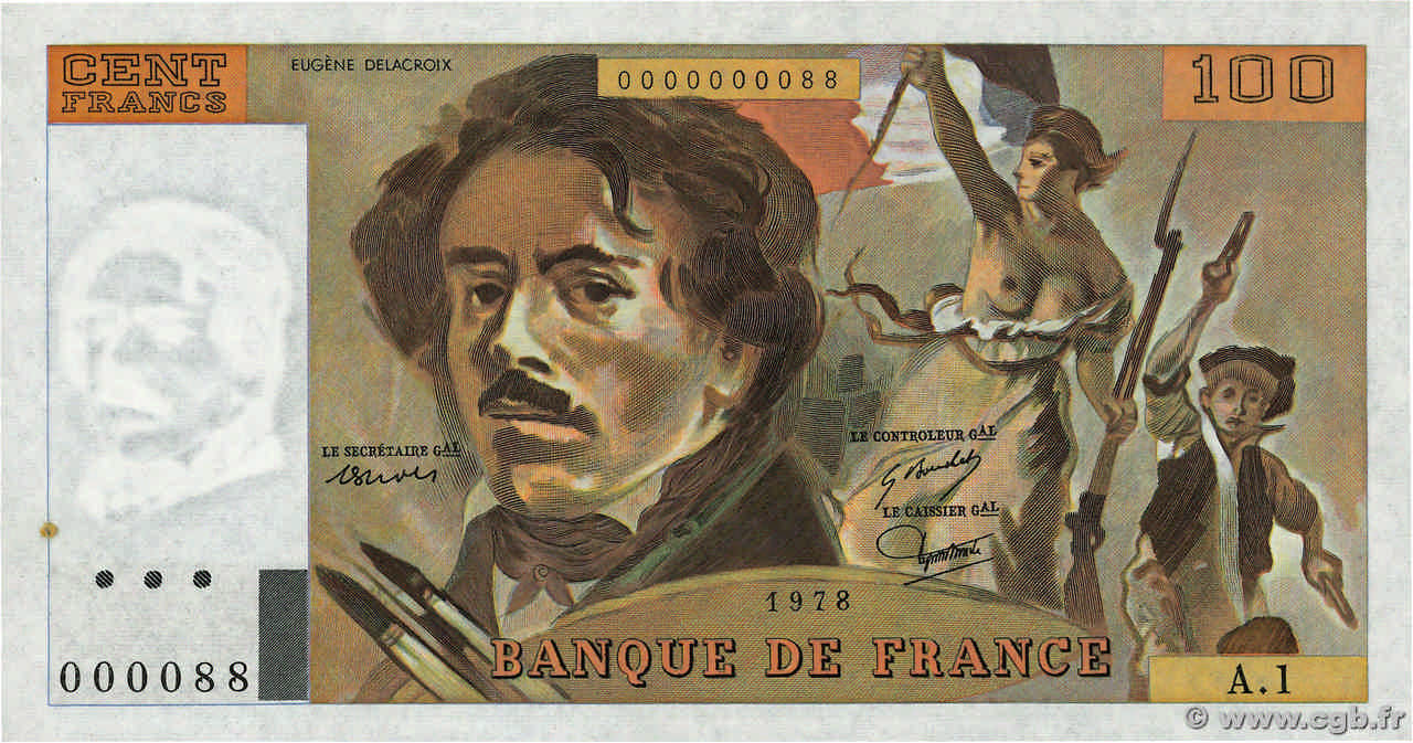 100 Francs DELACROIX Petit numéro FRANCIA  1978 F.68.01A1 AU