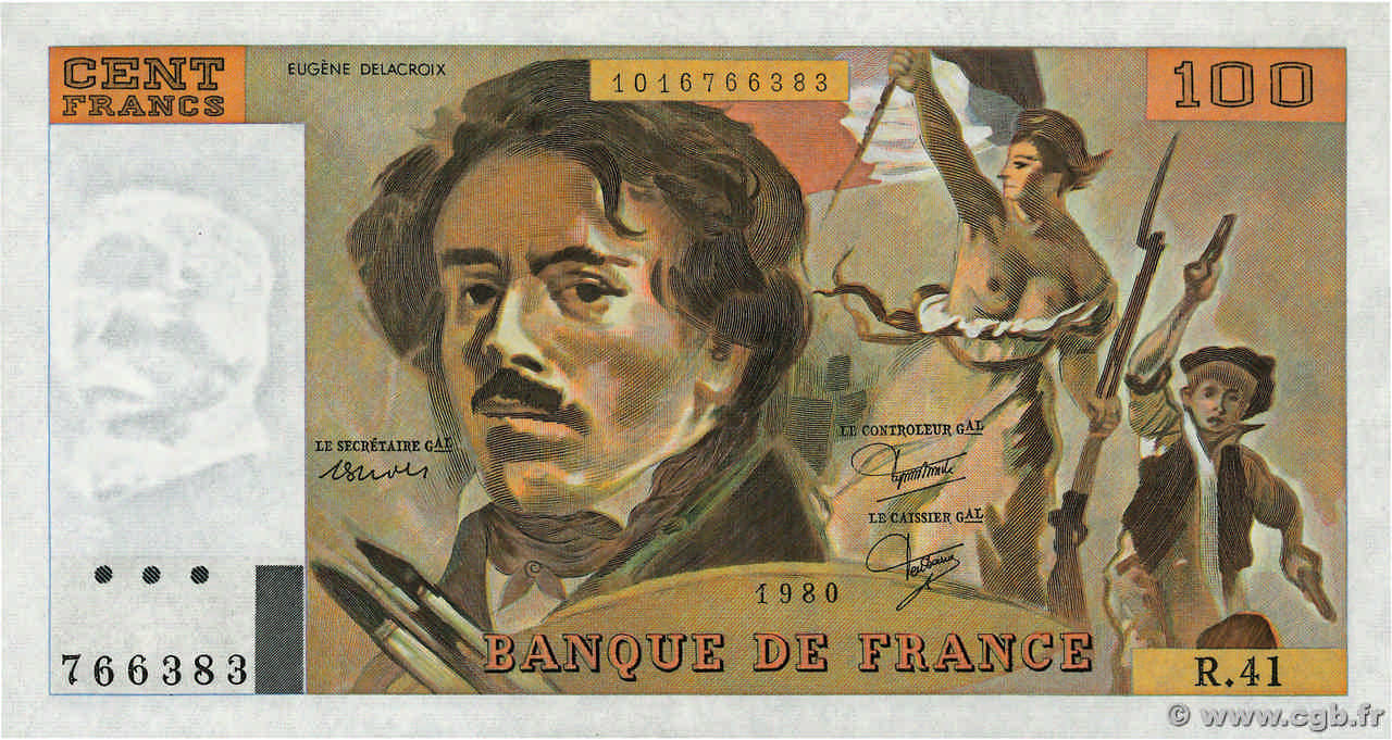 100 Francs DELACROIX modifié FRANKREICH  1980 F.69.04b fST