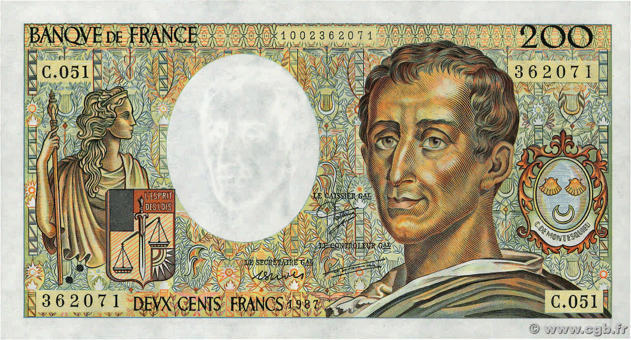 200 Francs MONTESQUIEU FRANKREICH  1987 F.70.07 fST