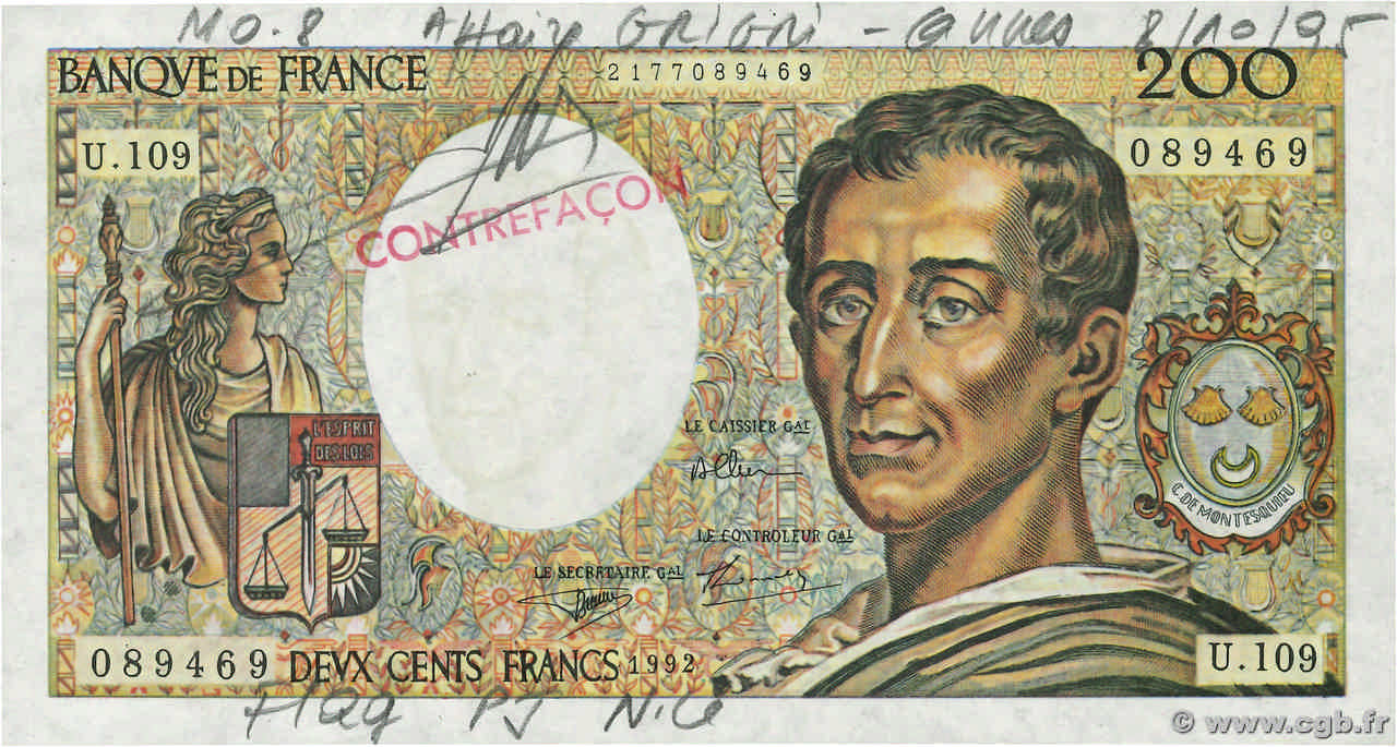 200 Francs MONTESQUIEU Faux FRANCIA  1992 F.70.12ax SC