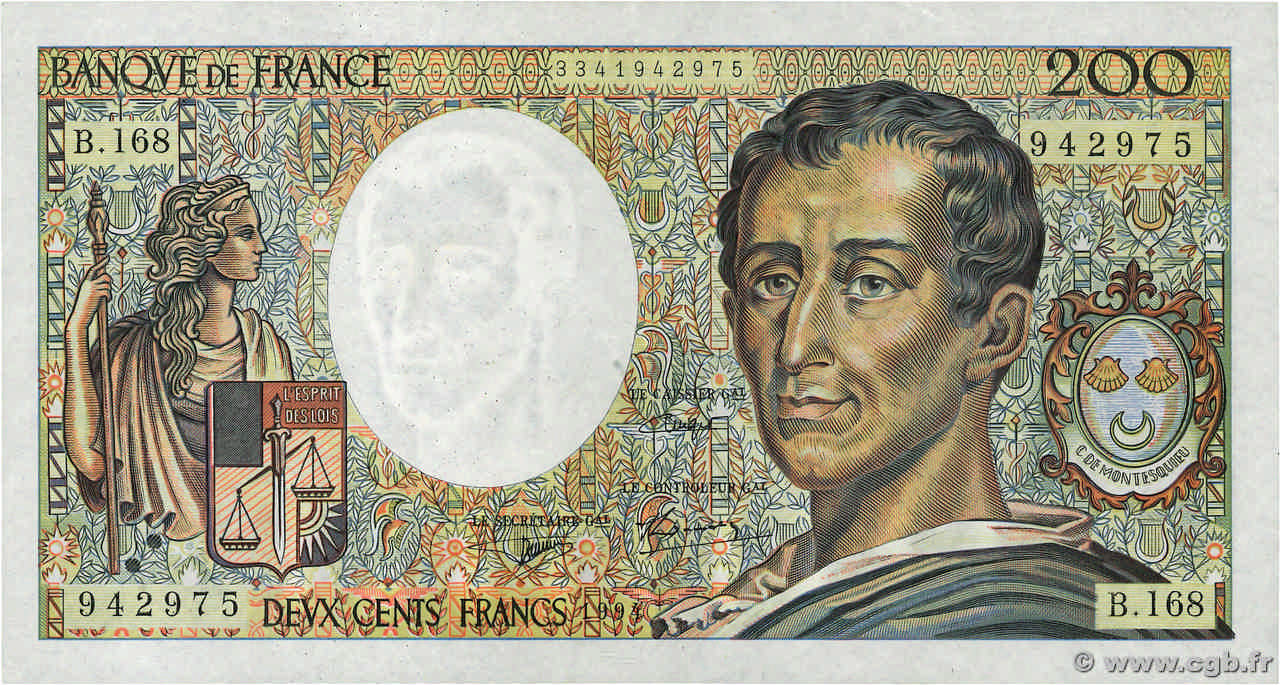 200 Francs MONTESQUIEU Modifié FRANCE  1994 F.70/2.02 XF-