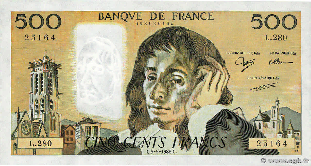 500 Francs PASCAL FRANCE  1988 F.71.39 UNC-