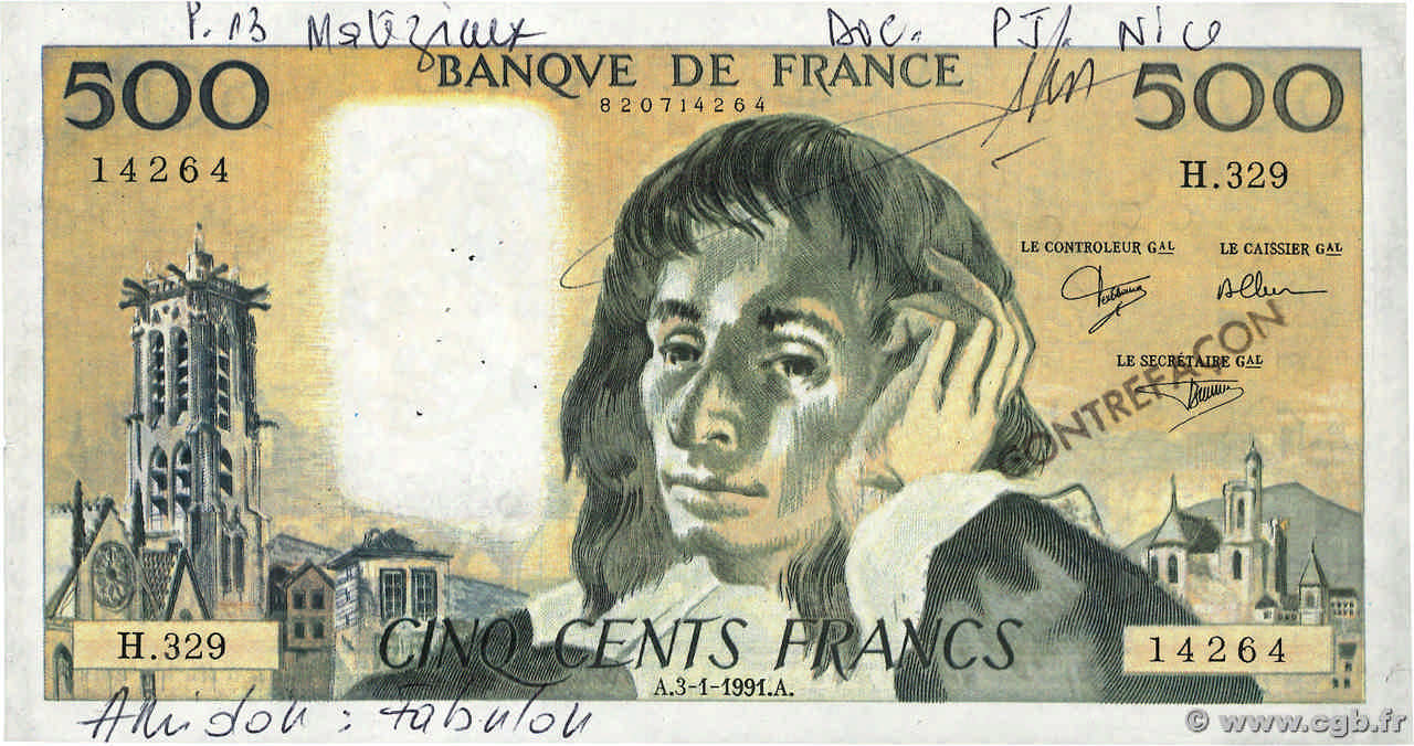 500 Francs PASCAL Faux FRANCE  1991 F.71.46x VF