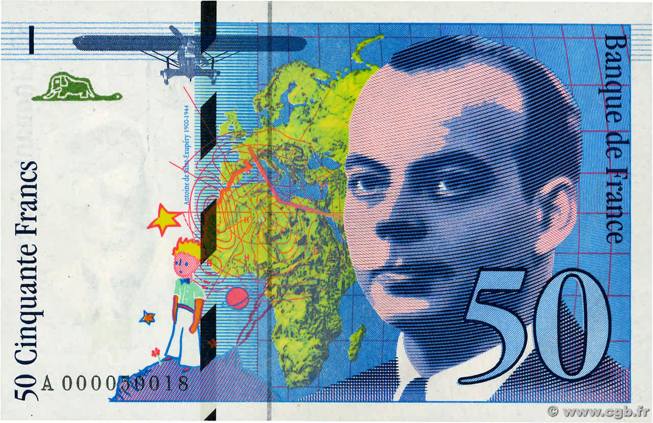 50 Francs SAINT-EXUPÉRY Petit numéro FRANCIA  1992 F.72.01aA FDC