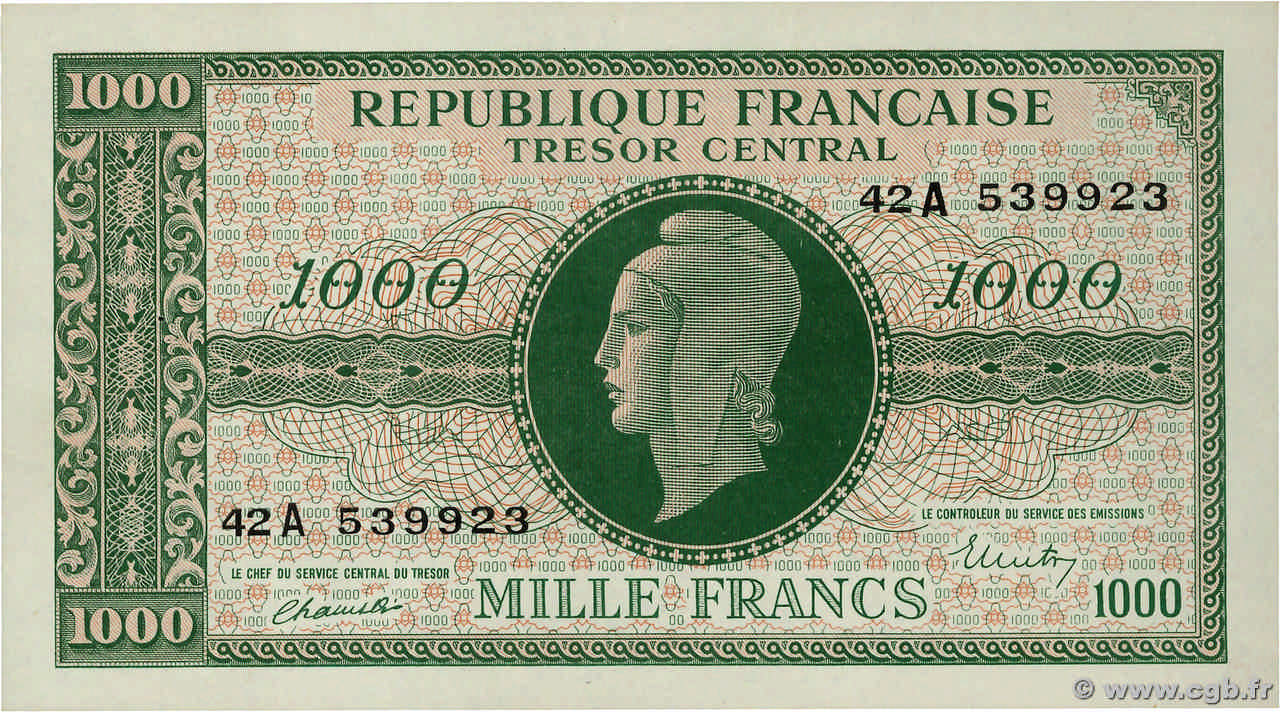 1000 Francs MARIANNE BANQUE D ANGLETERRE FRANCE  1945 VF.12.01 AU