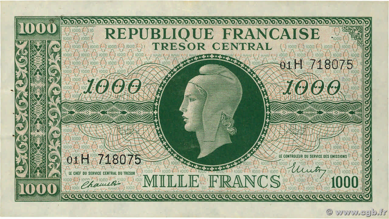 1000 Francs MARIANNE THOMAS DE LA RUE FRANKREICH  1945 VF.13.03 fVZ