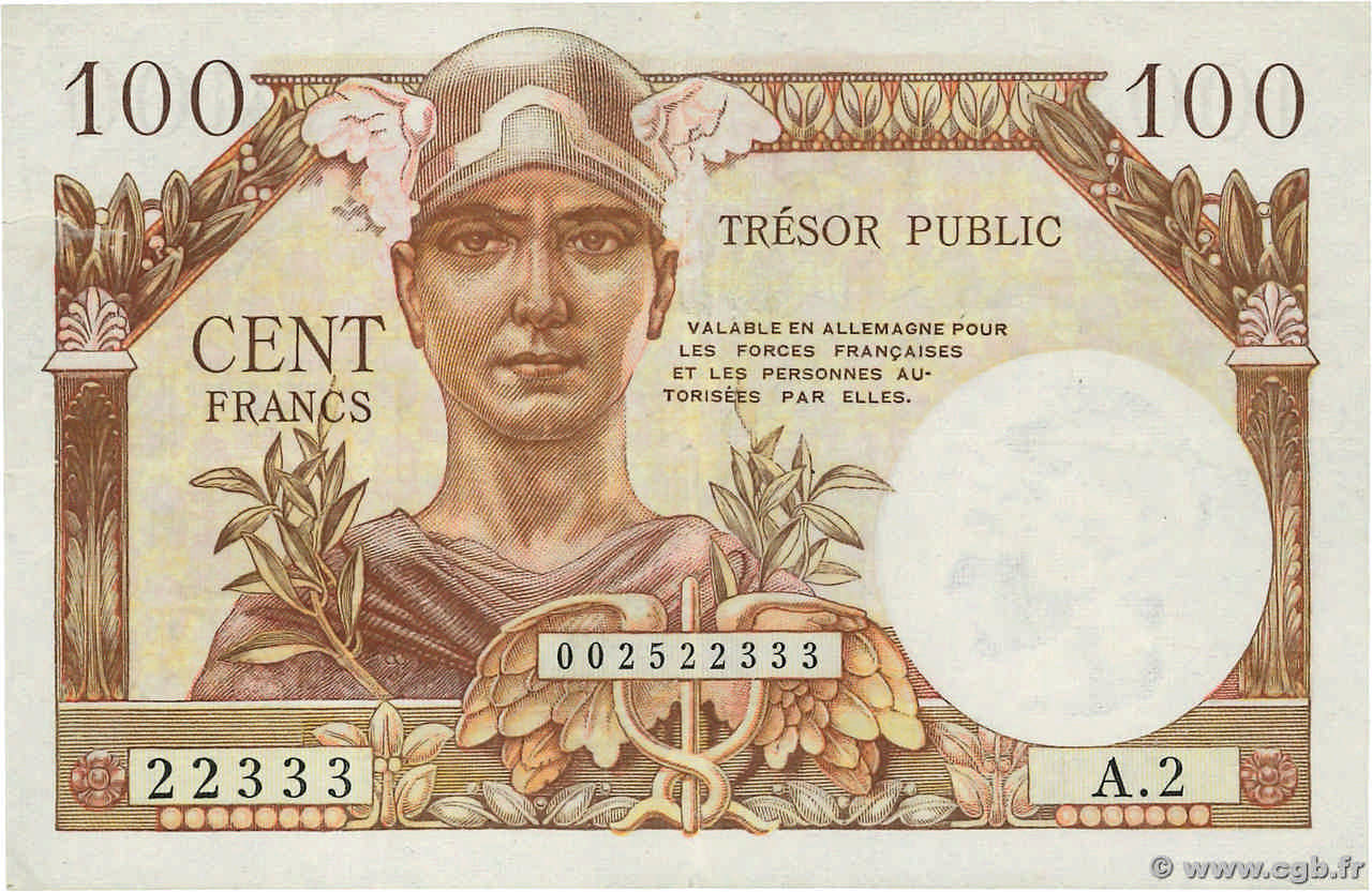 100 Francs TRÉSOR PUBLIC FRANKREICH  1955 VF.34.02 fVZ