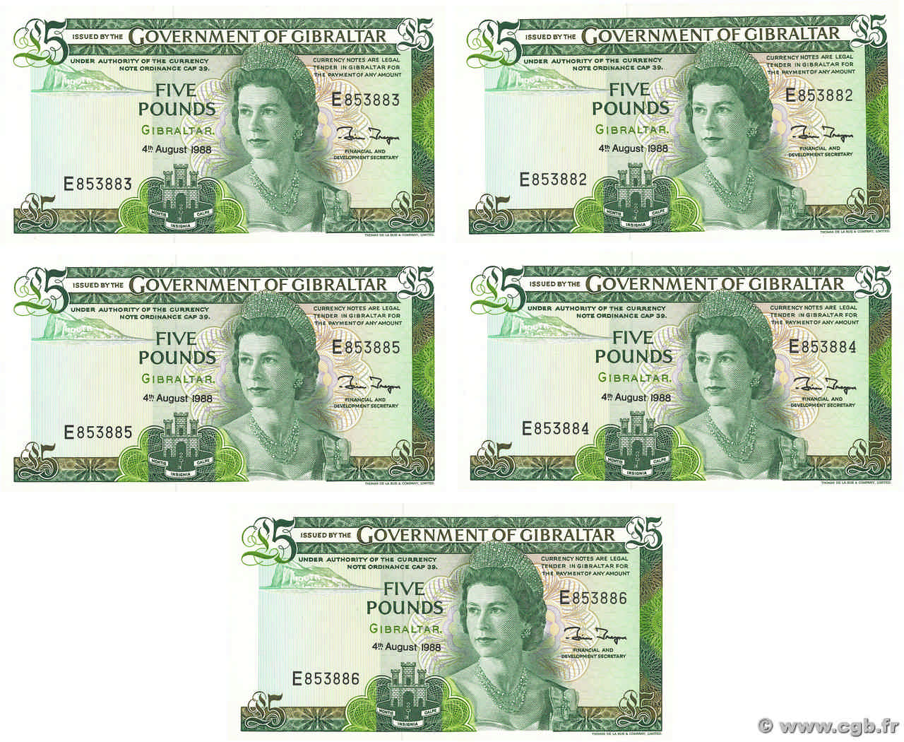 5 Pounds Consécutifs GIBILTERRA  1988 P.21b FDC