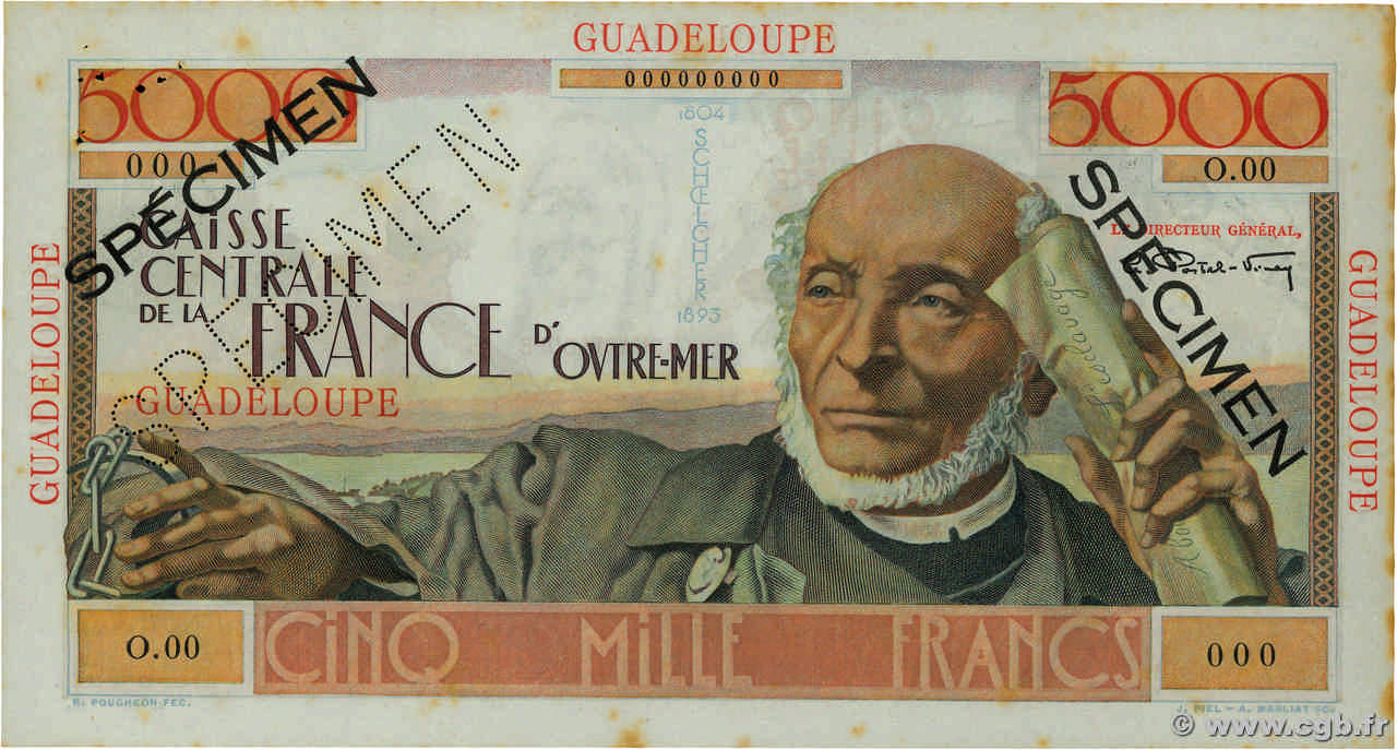 5000 Francs Schoelcher Spécimen GUADELOUPE  1952 P.38s MBC+
