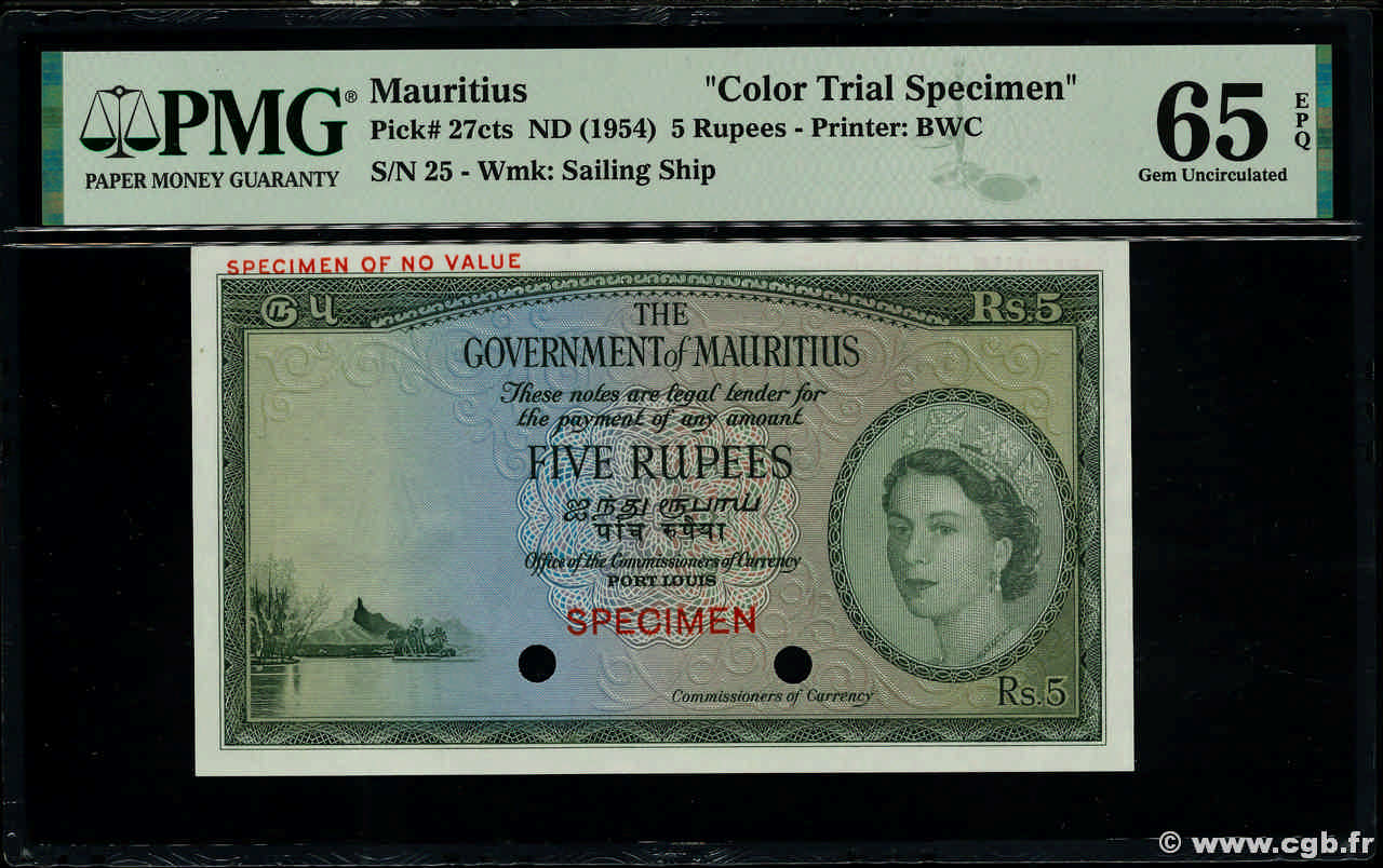 5 Rupees Spécimen MAURITIUS  1954 P.27cts ST