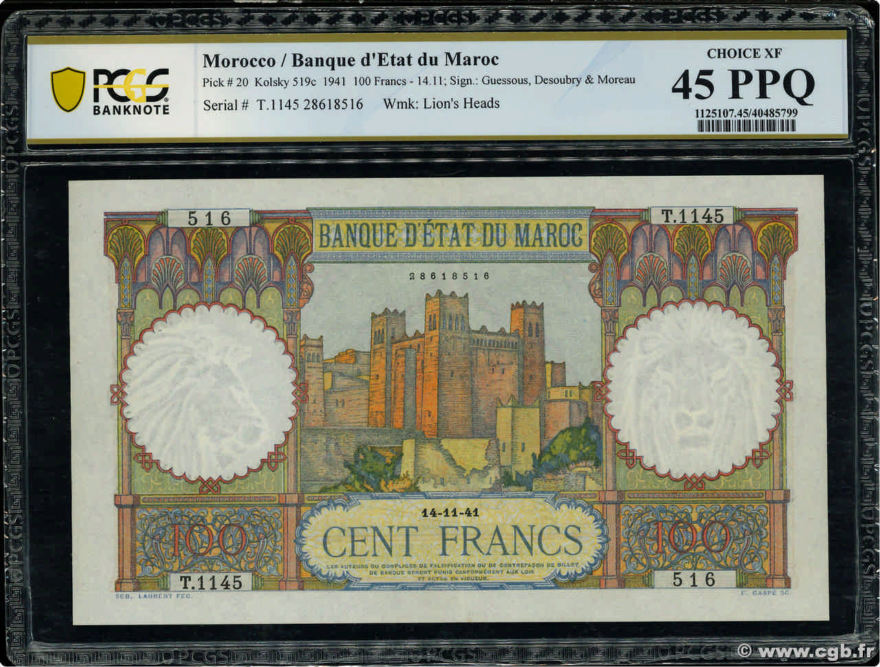 100 Francs MAROCCO  1941 P.20 SPL