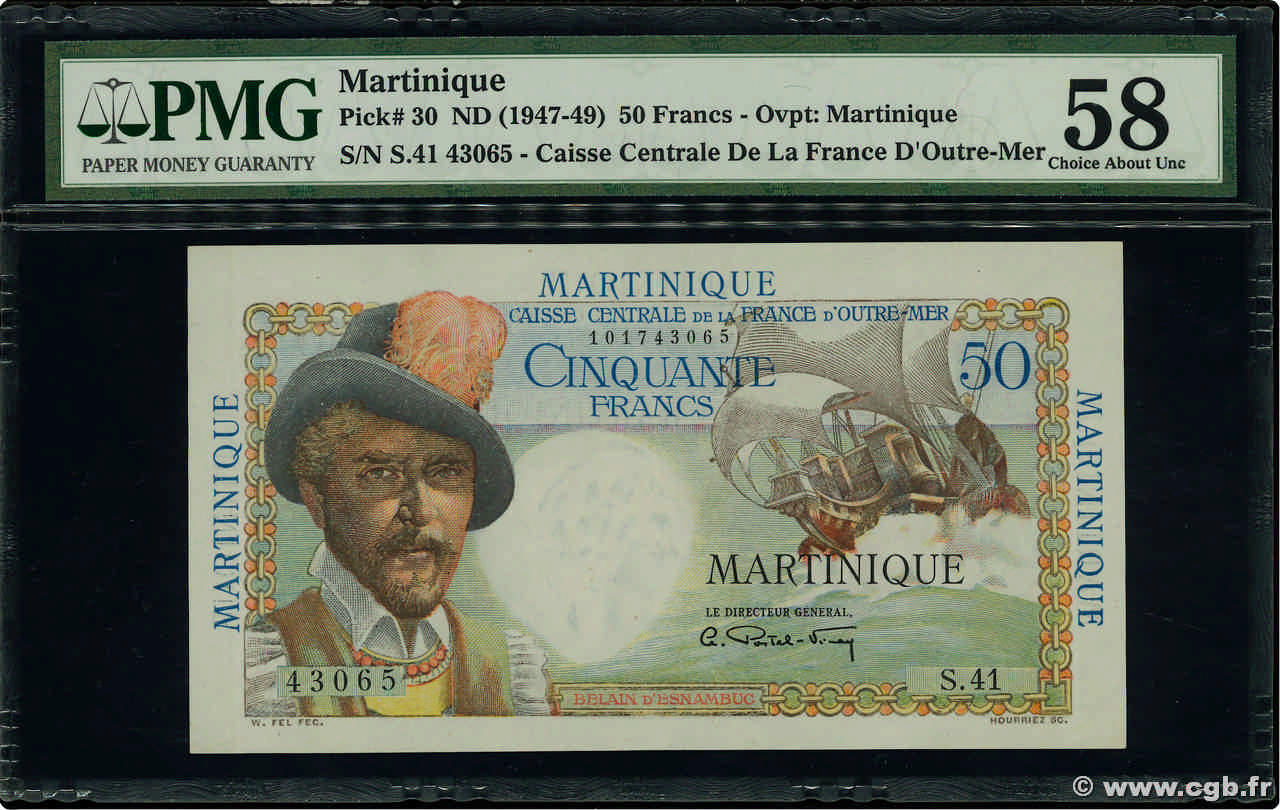 50 Francs Belain d Esnambuc MARTINIQUE  1946 P.30a AU