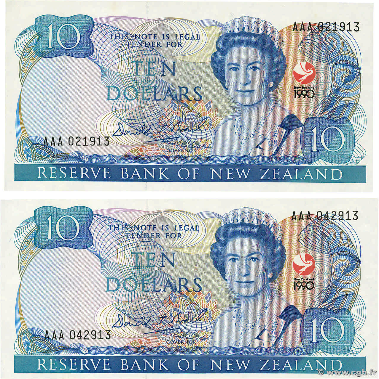 10 Dollars Lot NEW ZEALAND  1990 P.176 AU+