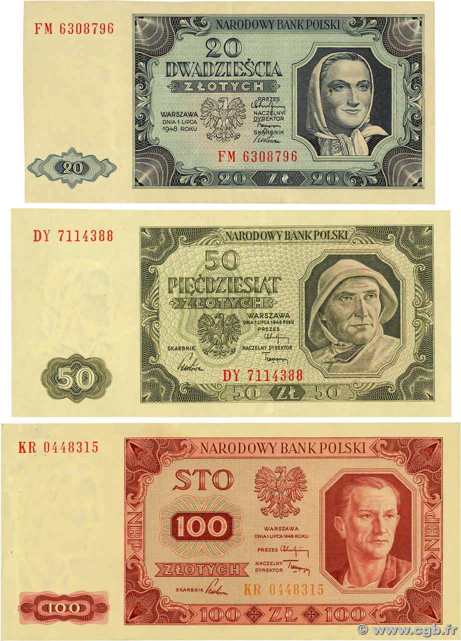 120, 50 et 00 Zlotych Lot POLONIA  1948 P.137, P.138 et P.139b MBC+