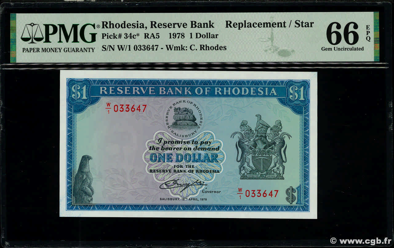 1 Dollar Remplacement RHODESIA  1978 P.34cr UNC