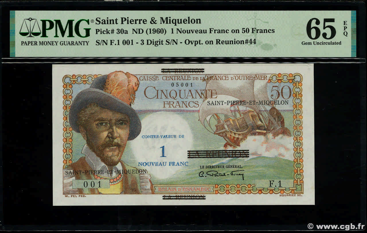 1 NF sur 50 Francs Belain d Esnambuc Petit numéro SAN PEDRO Y MIGUELóN  1960 P.30a FDC