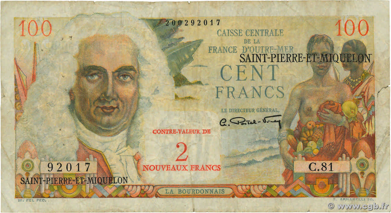 2 NF sur 100 Francs La Bourdonnais SAINT PIERRE E MIQUELON  1960 P.32 B