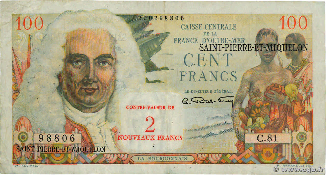 2 NF sur 100 Francs La Bourdonnais SAN PEDRO Y MIGUELóN  1960 P.32 BC