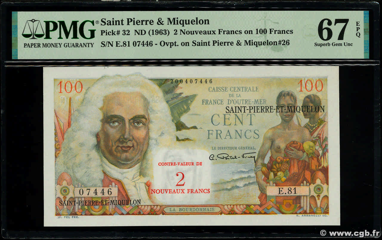 2 NF sur 100 Francs La Bourdonnais SAINT PIERRE ET MIQUELON  1960 P.32 NEUF