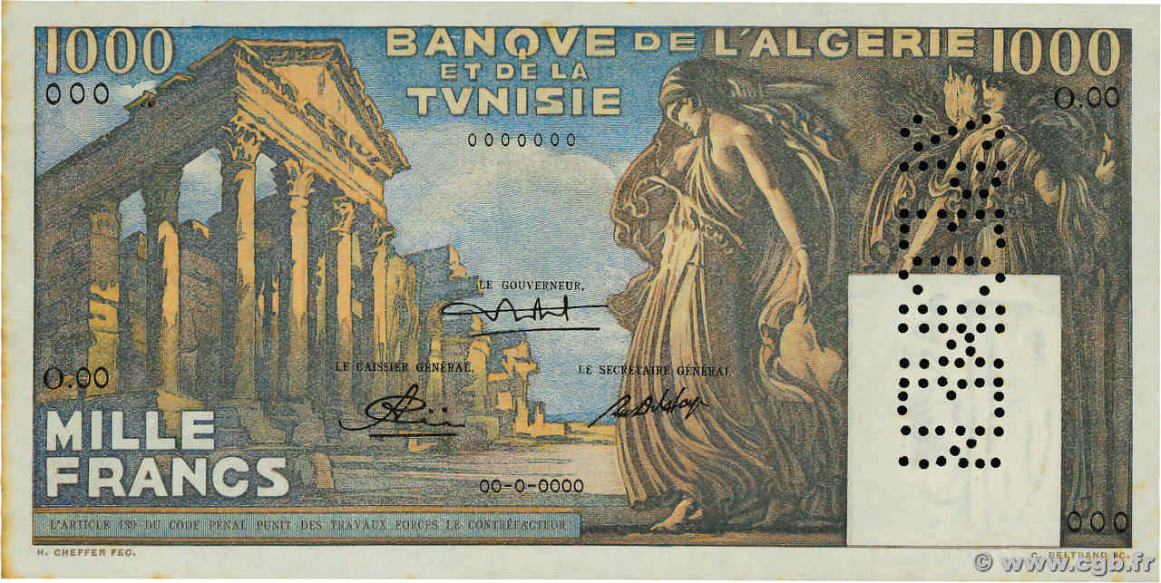 1000 Francs Spécimen TUNESIEN  1950 P.29s VZ