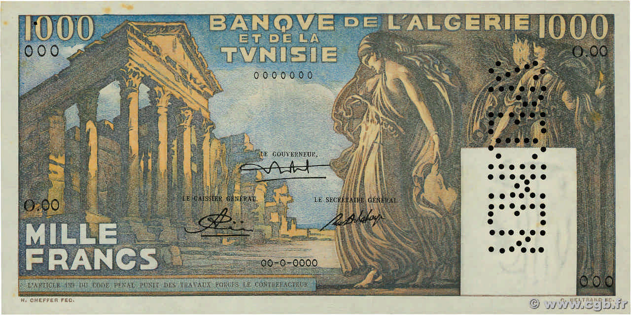 1000 Francs Spécimen TUNISIA  1950 P.29s XF-