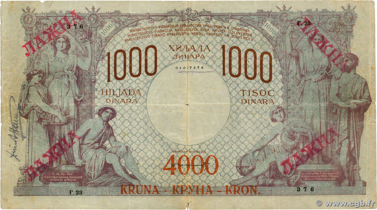 4000 Kronen sur 1000 DInara Faux YUGOSLAVIA  1919 P.020x q.BB