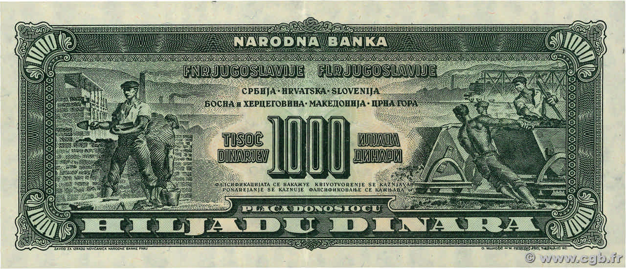 1000 Dinara Épreuve YUGOSLAVIA  1953 P.- q.AU