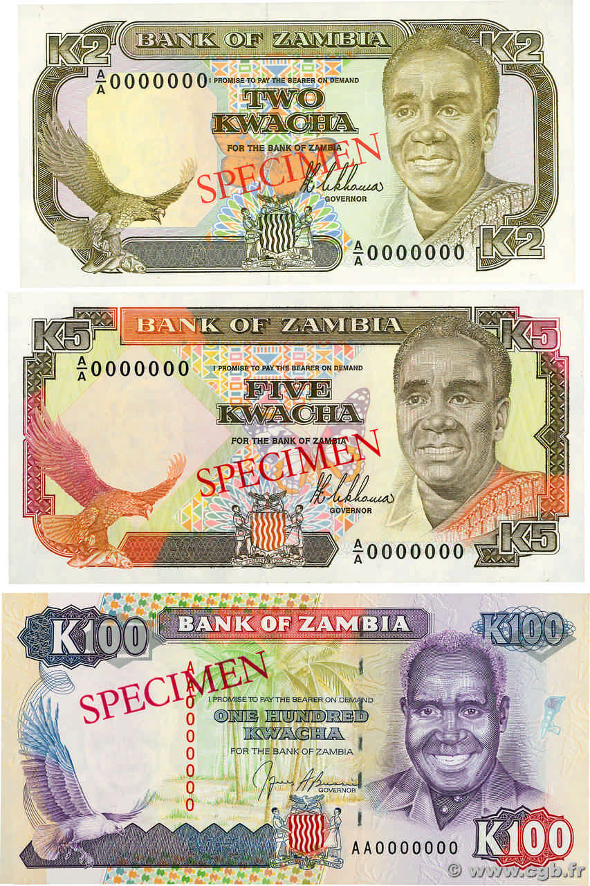 2, 5 et 100 Kwacha Spécimen ZAMBIE  1989 P.29s, P.30s et P.34s NEUF