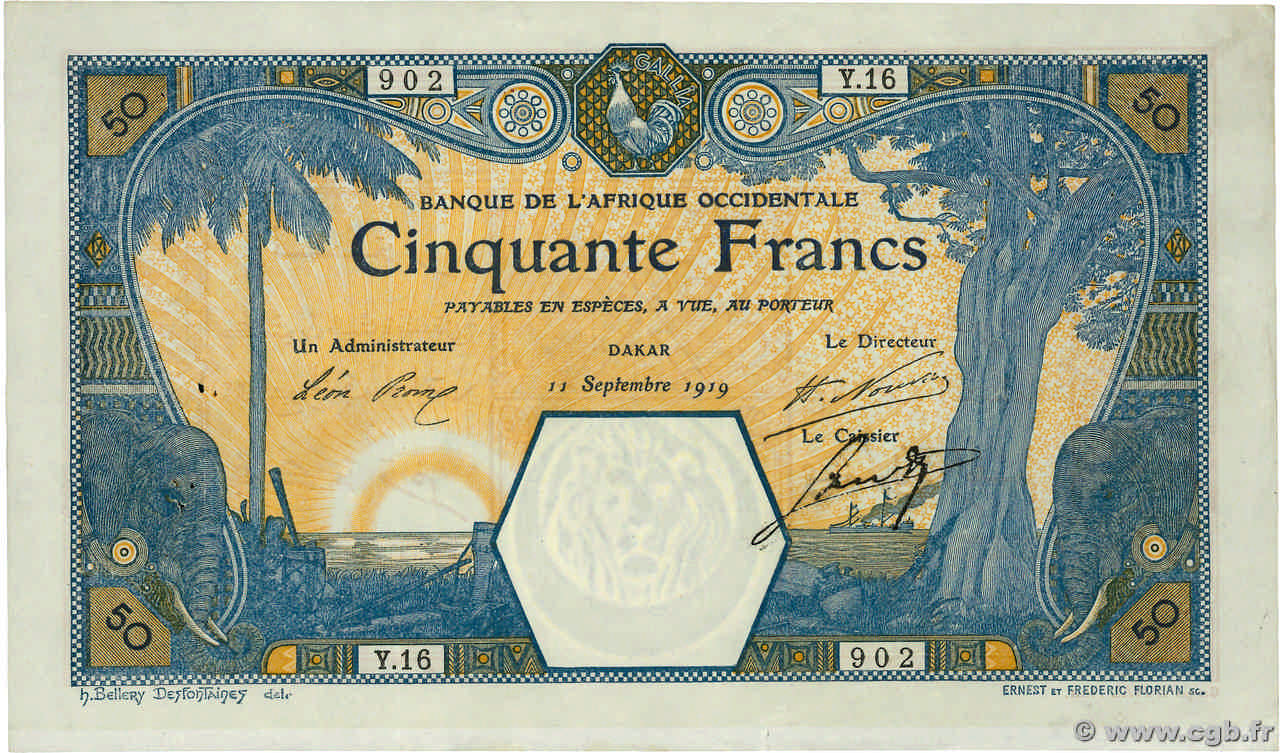 50 Francs DAKAR FRENCH WEST AFRICA Dakar 1919 P.09Ba MBC