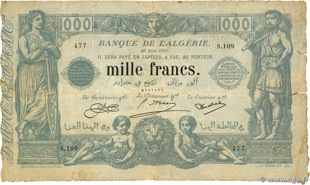 1000 Francs ALGERIEN  1924 P.076b fS
