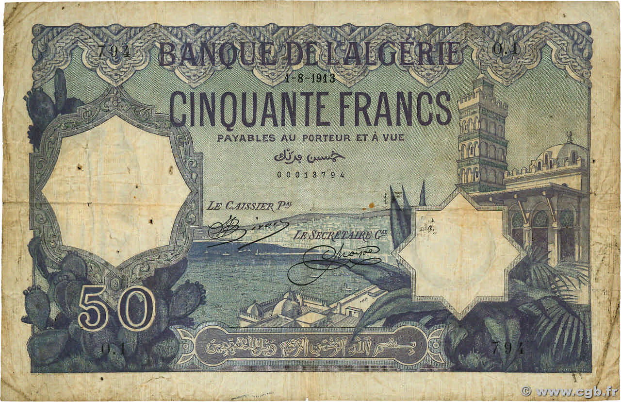 50 Francs Petit numéro ALGERIA  1913 P.079 MB