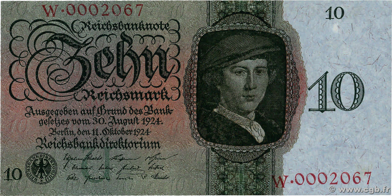 10 Reichsmark GERMANY  1924 P.175 AU