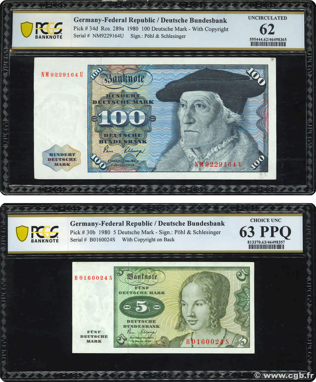 5 et 100 Deutsche Mark Lot GERMAN FEDERAL REPUBLIC  1980 P.30b et P.34d q.FDC